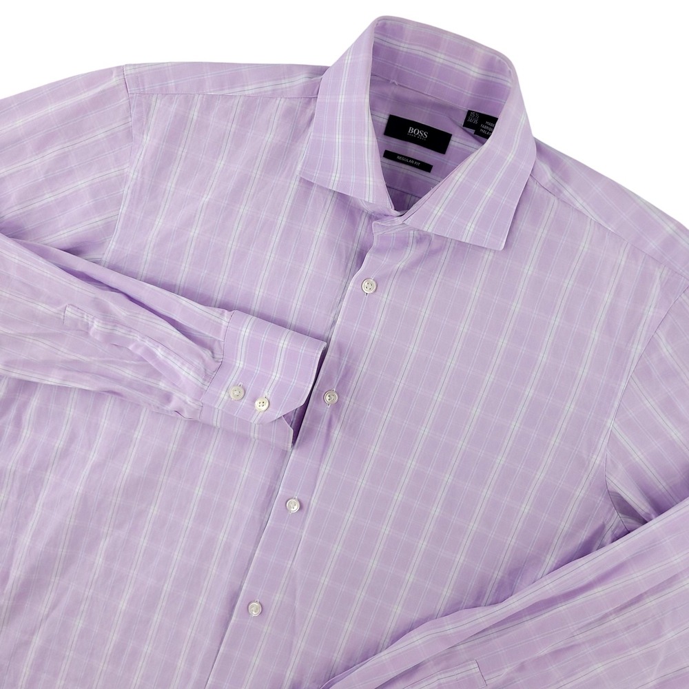 BOSS Hugo Boss Dress Shirt Mens 15.5 34/35 Purple Check Regular Fit Cotton